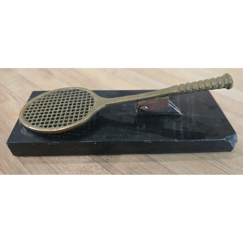 Vintage 80s Solid Brass Tennis‎ Racket Desk Clip Letter Card Holder 6